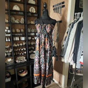 Beautiful bohemian tribal print orange black green white strapless maxi dress